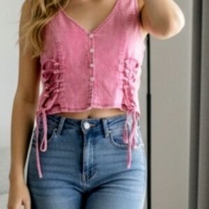 Shein Womens Pink Denim Vest With Lace Up Sides